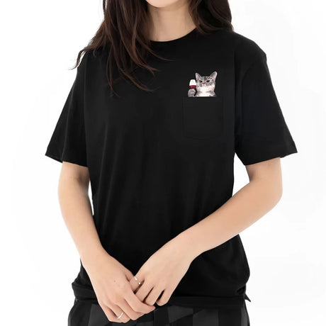 CLOOCL Cotton T-Shirt Red Wine Cat Middle Finger Pattern Printed T-shirt Men's for Women Shirts Casual Pocket Tops Cotton Tees - Lootquake