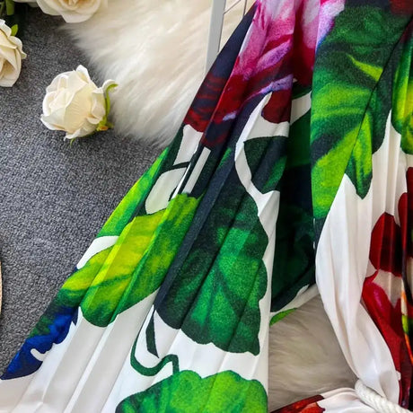 Spring Holiday Print Long Dress For Women Fashion Loose Lantern Sleeve Party Robe Female Big Swing Tassels Belt Pleated Clothes - Lootquake
