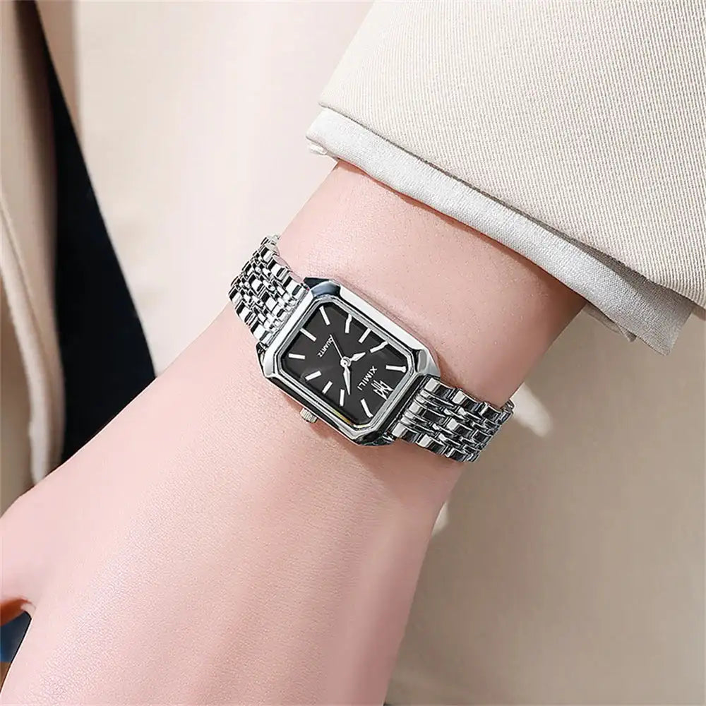Luxury Ladies Fashion Quartz Watch Simple Scale Square Quality Gold Plated Women Watches Business Stainless Steel Folding Clock - Lootquake