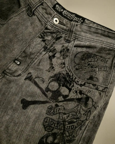 2023 New American Harajuku retro skull print straight high waist Y2K women's washed grey jeans Streetwear Gothic wide trousers - Lootquake