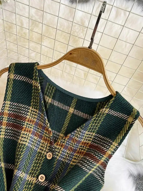 Autumn Winter Plaid Woolen Dress Women Vintage V Neck Sleeveless Long Dress With Belt Streetwear Sundress - Lootquake