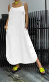 Summer Fashion Solid Cotton Linen Dresses Women Sexy Square Neck Sleeveless Suspender Slit Long Dress Casual Loose Dress Woman - Lootquake