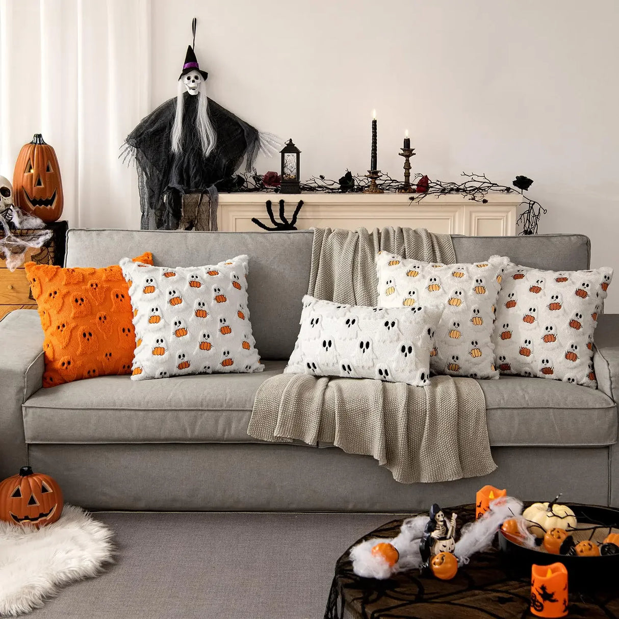 Halloween Decor for Bedroom Bed Living Room Sofa Cushion Cover White45X45CMCute Ghost Pumpkin Plush Faux Fur Pillow Covers Soft