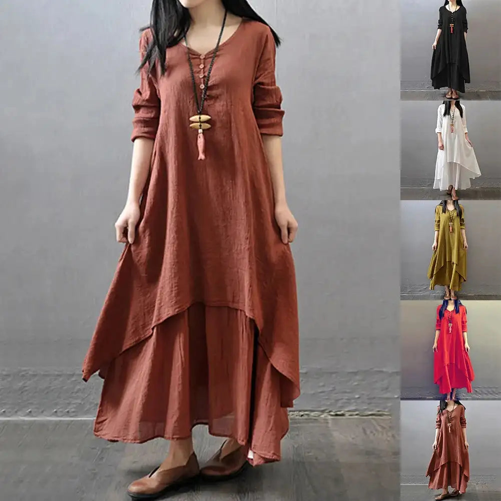 Women Elegant Linen White Dresses Bohemia Layering Vintage Robe Long Sleeve Loose Long Dress Female Autumn Vestidos - Lootquake