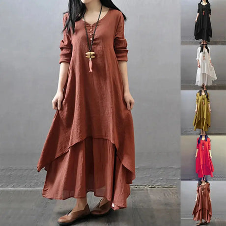 Women Elegant Linen White Dresses Bohemia Layering Vintage Robe Long Sleeve Loose Long Dress Female Autumn Vestidos - Lootquake