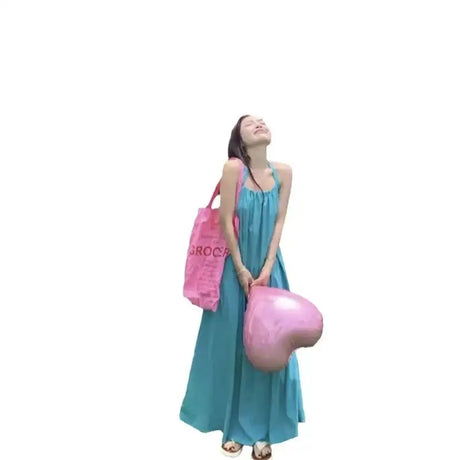 Summer Vacation Dress Thailand Style Open-back Halter Neck Age-reducing Photography Beach Long Dress Belted - Lootquake
