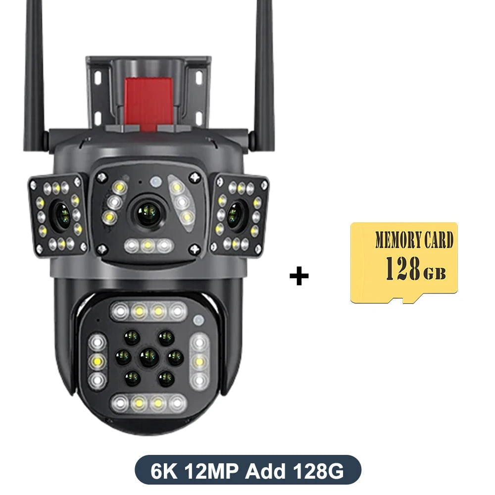 Caméra de surveillance extérieure WiFi 6K 12MP avec suivi de mouvement et zoom PTZ, trois écrans, vue à 360°