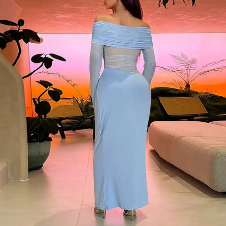 BOOFEENAA See Through Mesh Patchwork Black Long Dress Fall 2024 Sexy Elegant Off Shoulder Long Sleeve Cutout Dresses C66-EZ33 - Lootquake