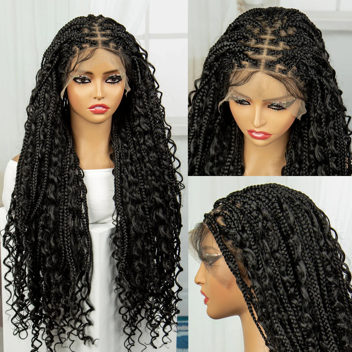 36" Knotless Box Braids Wig | Bohemian Style | Curly Ends | Lace Front | With Baby Hair | For Black Women