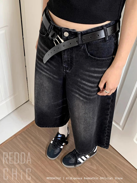 REDDACHiC Retro Y2k Baggy Jorts Women Men Whiskers Black Jeans Low Waist Casual Wide Pants Frayed Denim Shorts Big Size Clothes - Lootquake