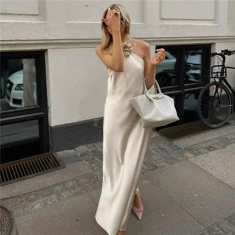 TRAF Flower Satin Long Dress Women Off Shoulder Halter Backless Dress Woman Summer Elegant Party Dresses Sexy Evening Dresses - Lootquake