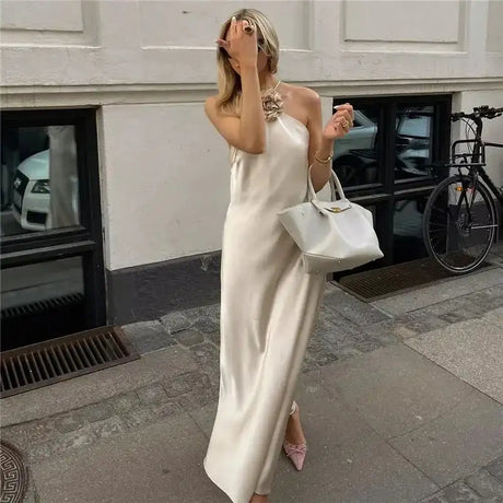 TRAF Flower Satin Long Dress Women Off Shoulder Halter Backless Dress Woman Summer Elegant Party Dresses Sexy Evening Dresses - Lootquake