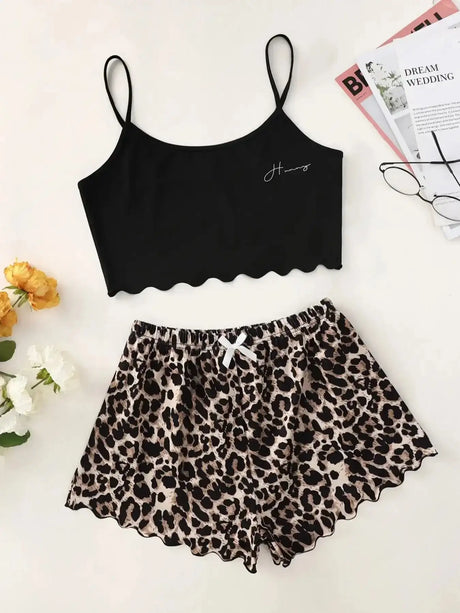 Leopard Print Sling Sleepwear Women's Pajamas Set Sexy Lingerie V-Neck Sleeveless Top and Shorts Sets Pyjamas Homewear - Lootquake