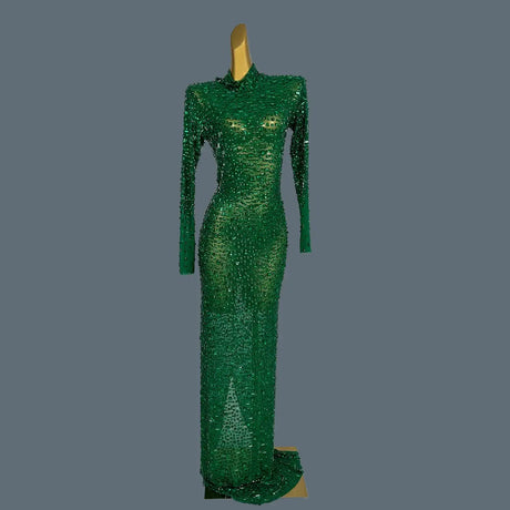 Stunning Evening Gown Long Dress Birthday Celebrate Luxurious Costume Sparkly Big Rhinestone Dancer Flashing Party Dress Gesebei - Lootquake