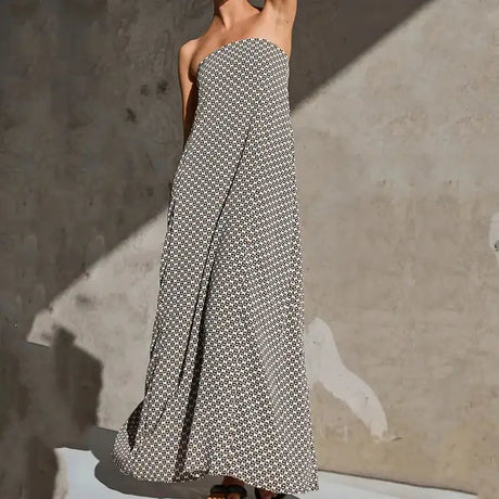 Fashion Strapless High Waisted Long Dress Women Casual Off Shoulder Pleated Bohemian Dress Elegant Pattern Printed Holiday Dress - Lootquake