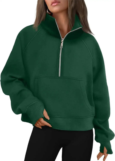 Womens Sweatshirts Half Zip Cropped Pullover Fleece Quarter Zipper Hoodies Fall outfits Clothes Thumb Hole - Lootquake