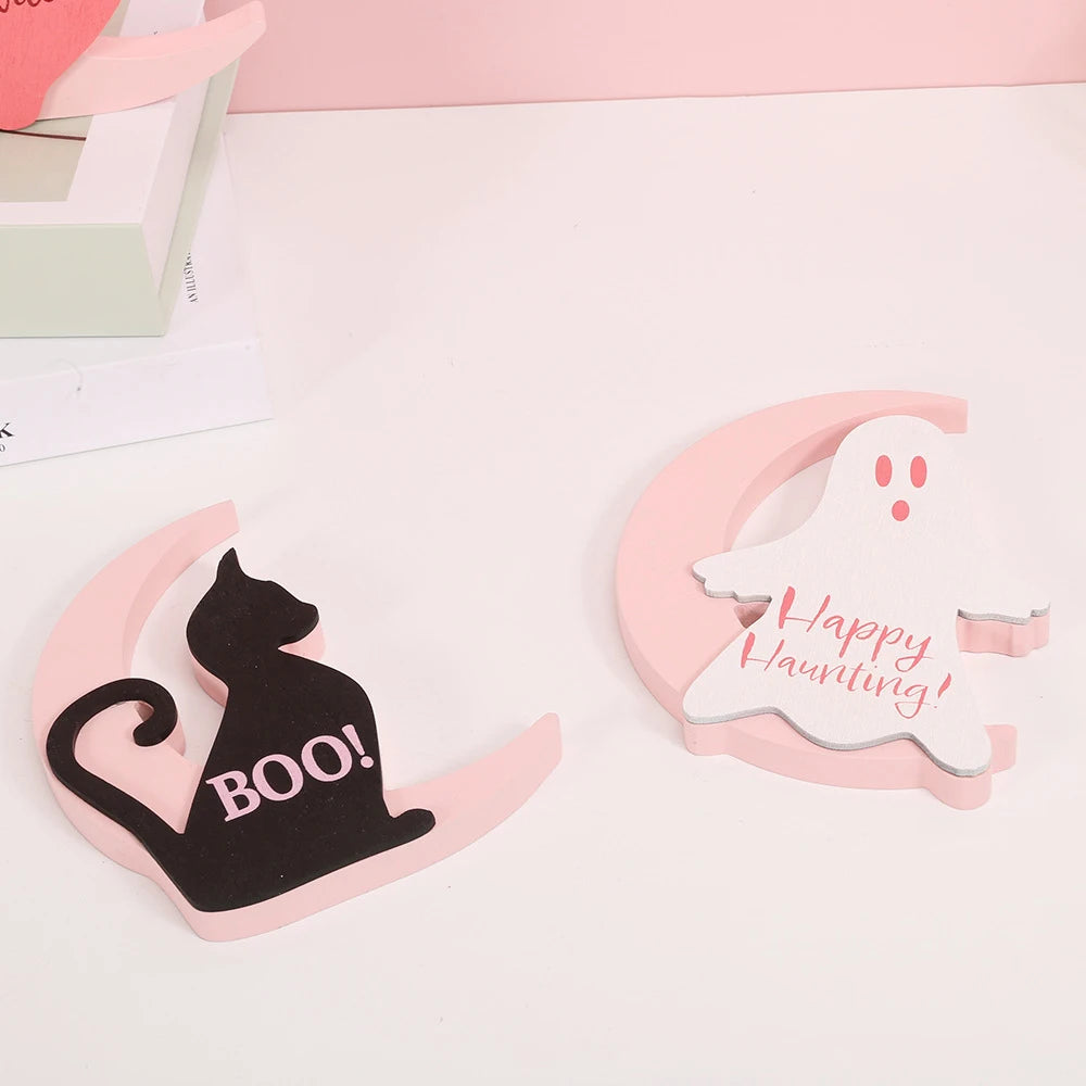 Halloween decorations, ghost, black cat, witch themed ornaments, atmosphere, background, desktop scene arrangement