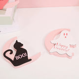 Halloween decorations, ghost, black cat, witch themed ornaments, atmosphere, background, desktop scene arrangement