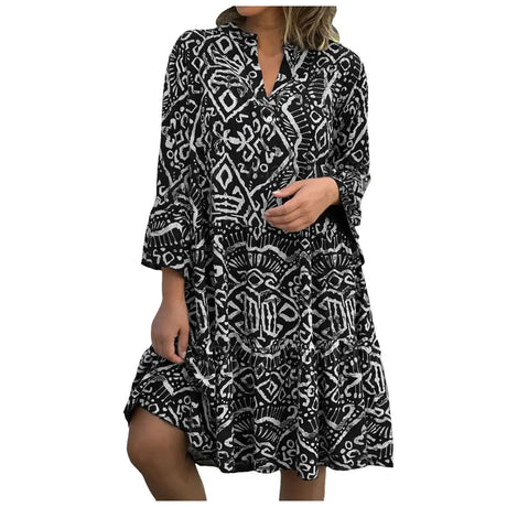 Women Floral Print Maxi Dress Fashion Casual V Neck Long Dress Plus Size Summer Boho Dress Ruffle Three Quarter Sleeves Dresses - Lootquake