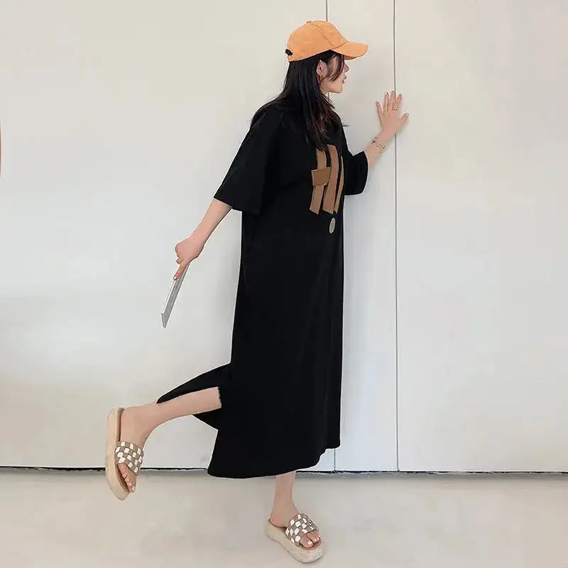 Vestido largo blanco con estampado Harajuku para mujer, ropa Y2K, informal, de manga corta y cuello redondo, moda coreana, vestidos sueltos de verano para mujer 2024