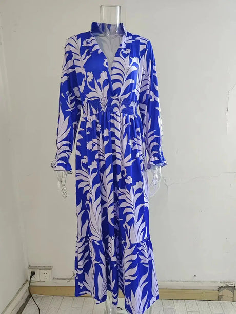 Europe And America Cross Border Autumn/Winter New Long Dress with Waist Pullover And Bohemian Print Long Sleeve Large Swing - Lootquake