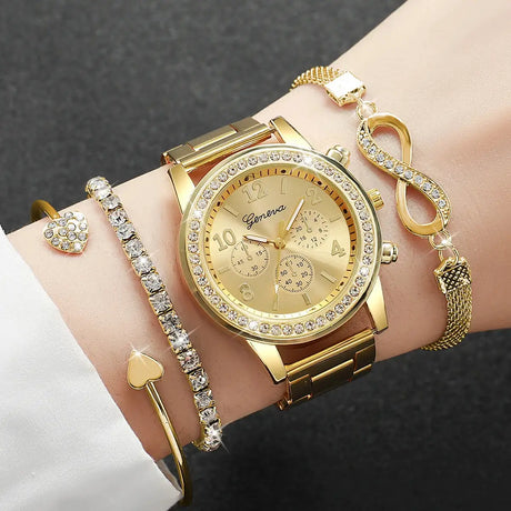 4PCS Fashion Women Watch Luxury Rhinestone Steel Band Ladies Quartz Watch Bracelet Set Relogio Feminino（Without Box） - Lootquake