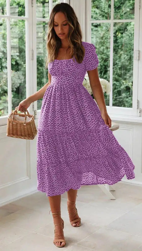 Summer Women Beach Sweet Dresses Vintage Vintage Print Puff Sleeve Casual Square Collar Floral Maxi Long Dress Festa Vestidos - Lootquake