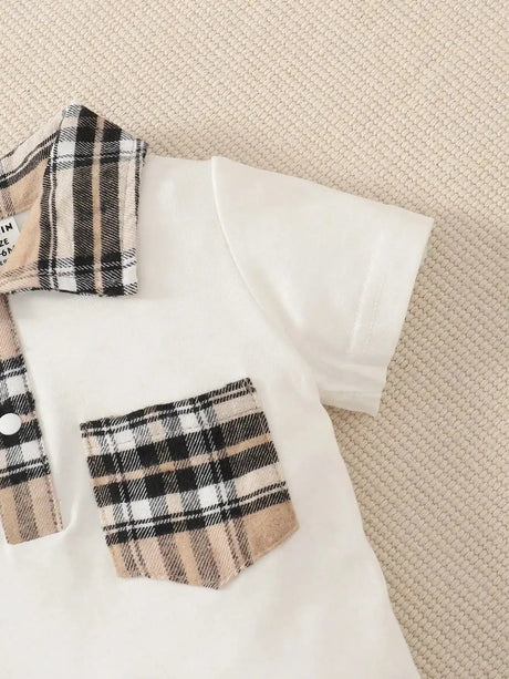 Two-piece baby boy design simple plaid neckline front pocket with plaid hat shorts spring/summer set - Lootquake