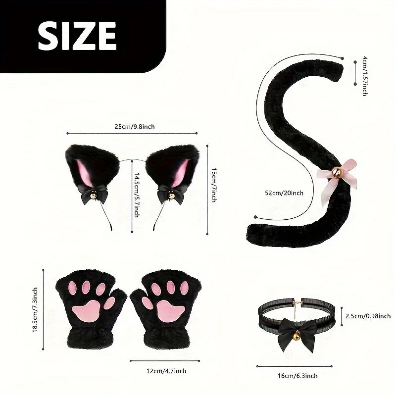 5Pcs Sets Cat Paw Gloves Winter Cute Cartoon Girl Open Finger Gloves Bell Headband Fox Cat Ear Headwear