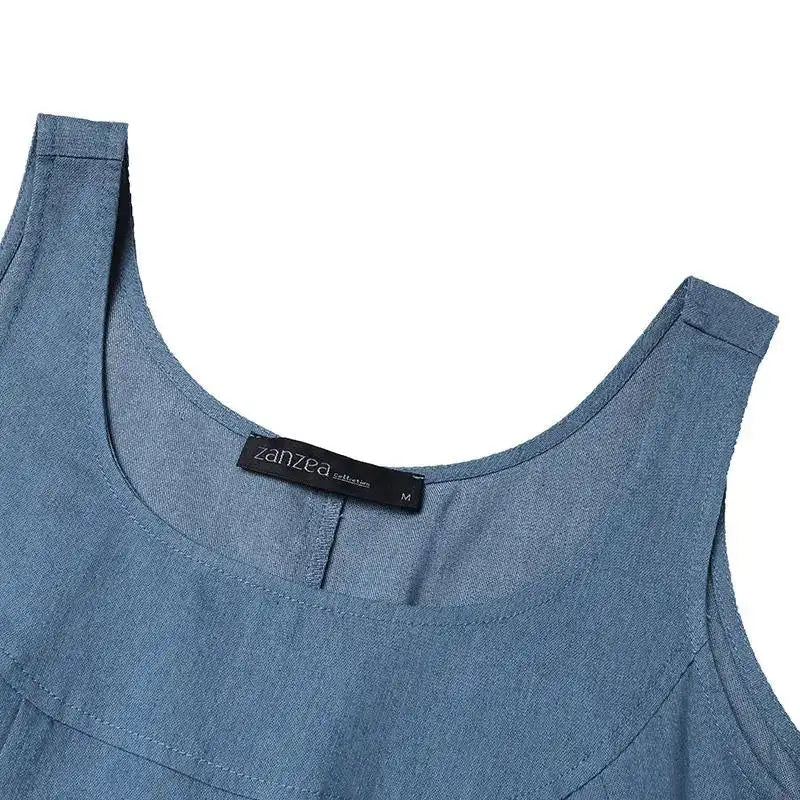 Summer Muslim Long Dress Abaya ZANZEA Women Vintage Sleeveless Denim Blue Maxi Vestidos Dubai Robe Casual Loose Ramadan Sundress - Lootquake