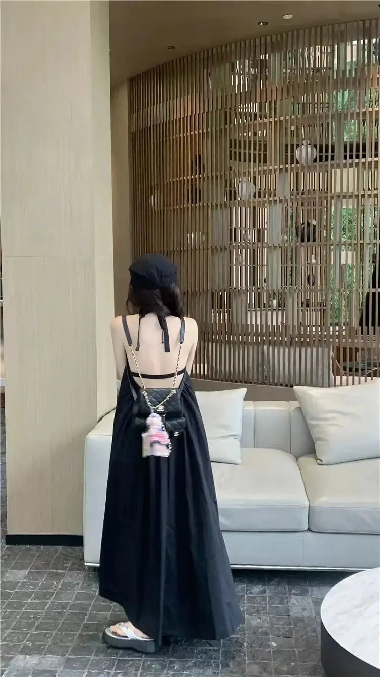 Vestido de vacaciones de verano estilo tailandés con espalda abierta, cuello halter, antiedad, para fotografía, playa, largo, con cinturón