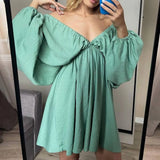 Deep V Neck Sexy Dress Temperament Retro Solid Color Pleated Dress Elegant Long Sleeve Large Size Casual Womens Dresses ropa