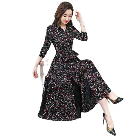 Women's Chiffon Stitching Lace Dress, Lady's Elegant Temperament Long Dress, Shirt Collar, Long Sleeve, Print Dresses, New - Lootquake
