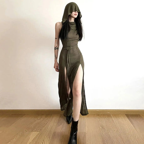 Trendy Hooded Sleeveless Long Dress Korean Style Ladies Lace Up Bodycon Sexy Split Dress Gothic Hip Hop Grunge Maxi Dress - Lootquake