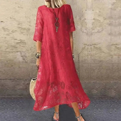 Women's Summer Round Neck Short Sleeve Lace Long Dress Vintage Handmade Hollow Flower Dress Lace Loose Casual Long Dress - Lootquake