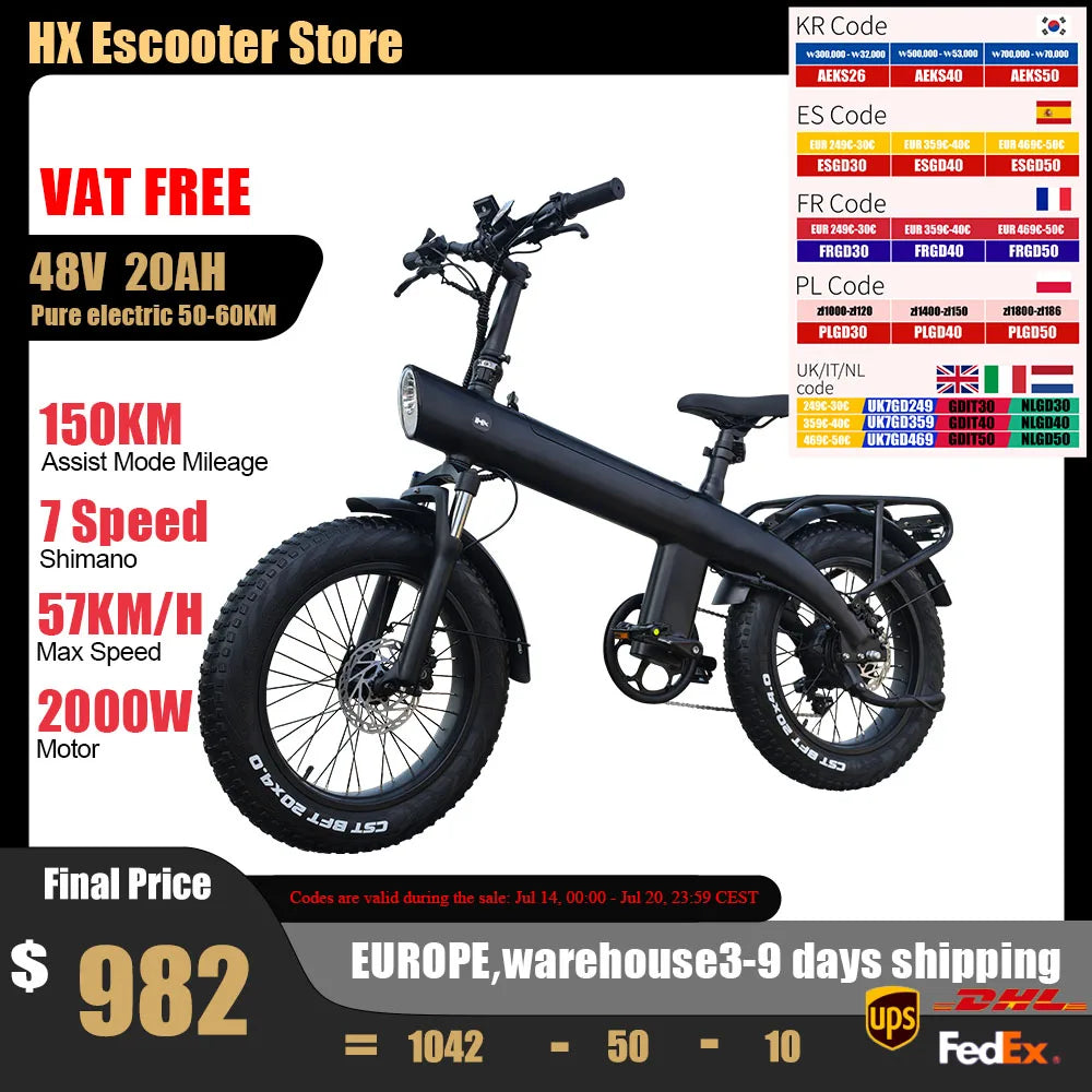 Bicicleta eléctrica para adultos HX Q20PRO de 2000 W, 48 V, 20 Ah, batería extraíble, plegable, neumáticos anchos de 20 pulgadas.