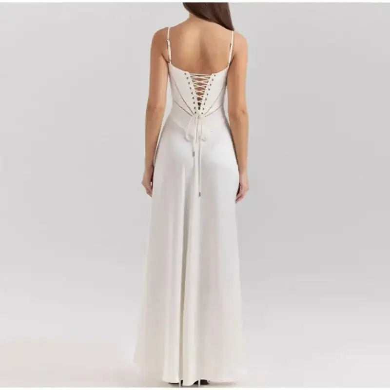 Women's Solid Sexy Satin Lace Up Backless Long Dress Elegant High Waist Square Neck Slim Sling Dresses 2025 Female Beach Robes - Lootquake