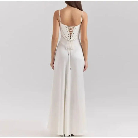 Women's Solid Sexy Satin Lace Up Backless Long Dress Elegant High Waist Square Neck Slim Sling Dresses 2025 Female Beach Robes - Lootquake