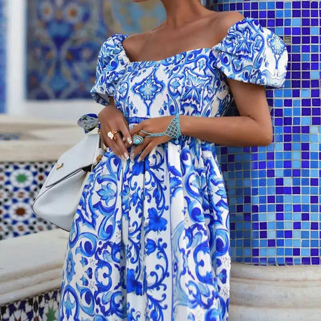 Fashion Temperament Slash Neck Bohemian Printed Maxi Dress New Women Elegant High Waist A-Line Long Dress Sexy Loose Party Dress - Lootquake