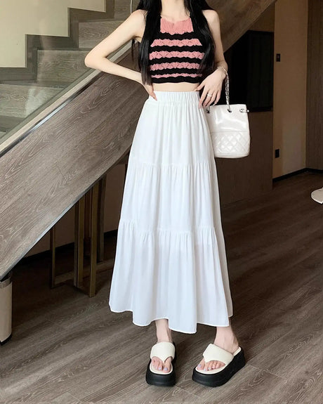 Spring 2024 New Women's Petite Black Umbrella Skirt High-waisted A- line White Dress Long Dress Drape Sense - Lootquake