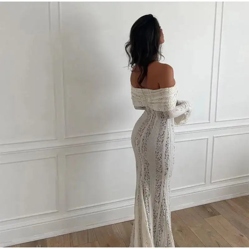 Lace Hollow Out One-shoulder Slim Long Dress For Women Solid Lace Up Waistless Dresses 2024 Chic Sexy Female Party Date Robes - Lootquake