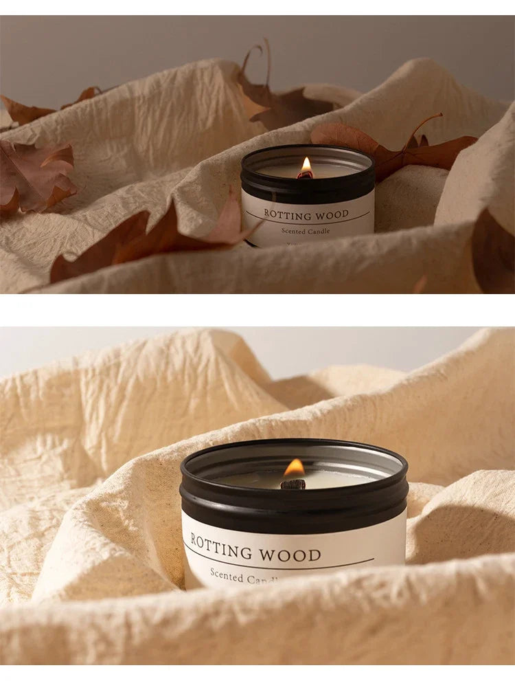Black Tin Can Scented Aromatic Candles Wooden Wick Candle Jars with Lid Classic Home Decorative Candles Dried Flower