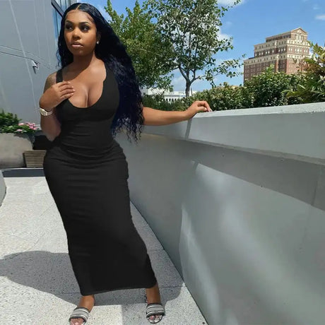 Sifreyr Ribbed V Neck Tank Long Dress Women Solid Sleeveless Bodycon Maxi Dress Sexy Streetwear Party Club Outfits Slim Sundress - Lootquake