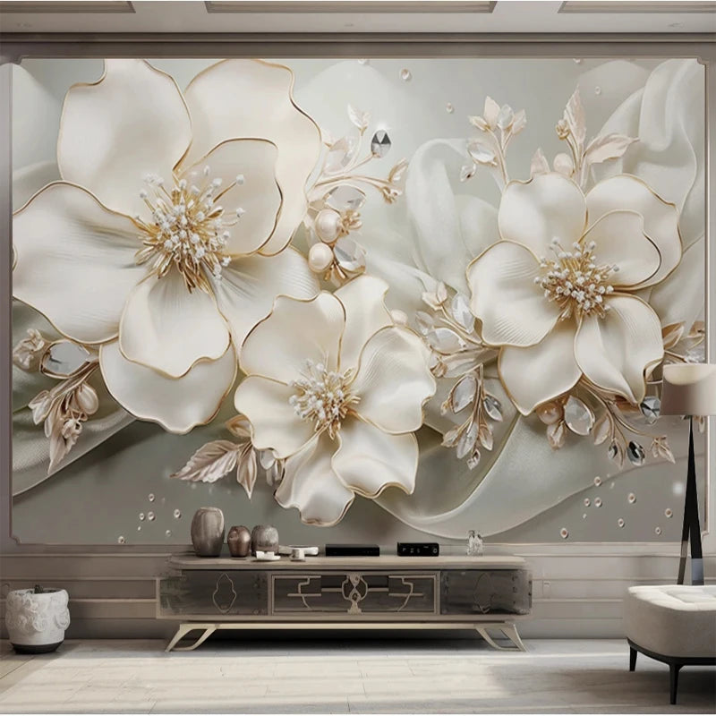 Custom Large Size Modern Wallpaper 3D Embossed Flowers Jewelry Mural Paper TV Background Wall Living Room Decor Home Improvement