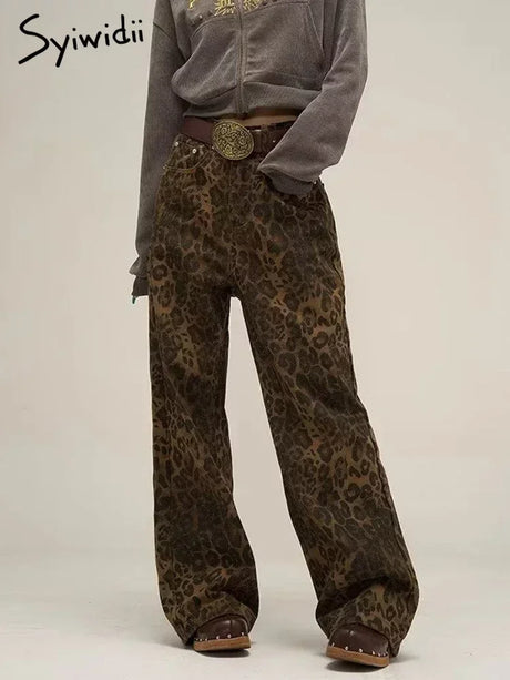 Syiwidii Leopard Print Y2k Jeans Women Oversized Wide Leg Denim Trousers Streetwear Hip Hop Vintage Loose Baggy Designer Jeans - Lootquake