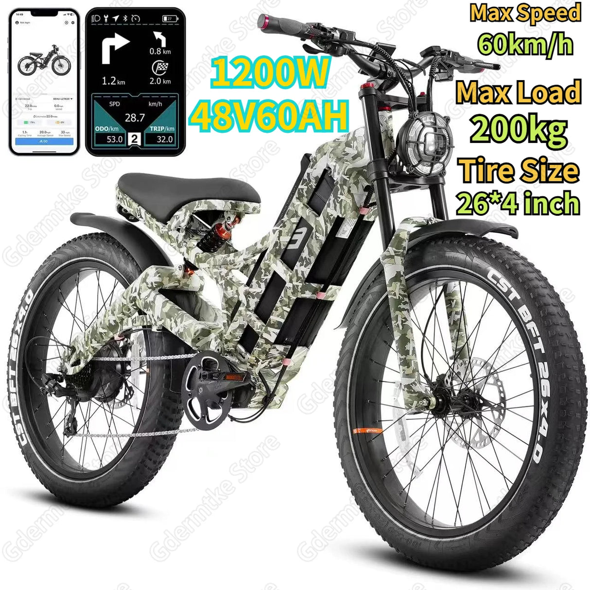Bicicleta eléctrica Romeo con motor de 1200 W, 48 V, 60 Ah, 34 mph, velocidad máxima, 26 x 4 pulgadas, neumáticos anchos todoterreno, para acampar, para adultos.