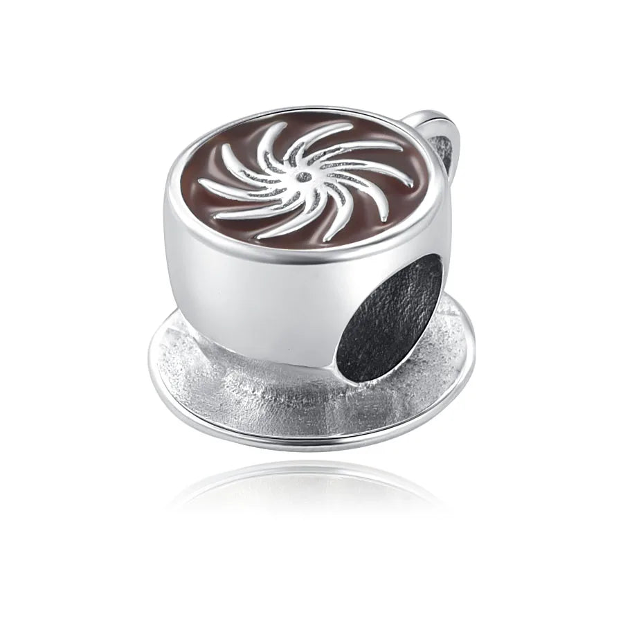 Dije de plata de ley 925 con forma de café, vino tinto, cafetera, copa de champán, compatible con pulseras colgantes originales, joyería DIY para mujer.