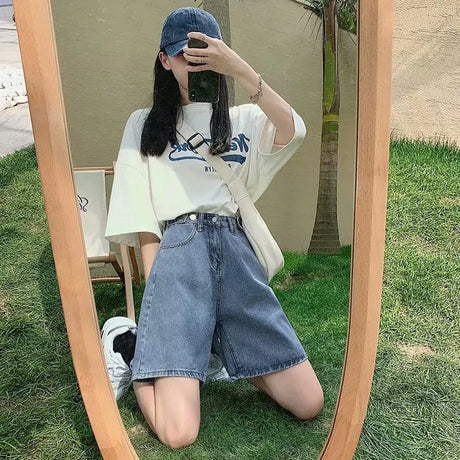 Feynzz Fashion Summer Half Women Denim Shorts High Waist Belted Loose Female Short Jeans  Streetwear - Lootquake