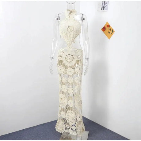 Fashion Hollow Out Halter Maxi Dress For Women 2024 Sexy Sleeveless Backless Long Dress Holiday Hook Flower Knitted Beach Robe - Lootquake