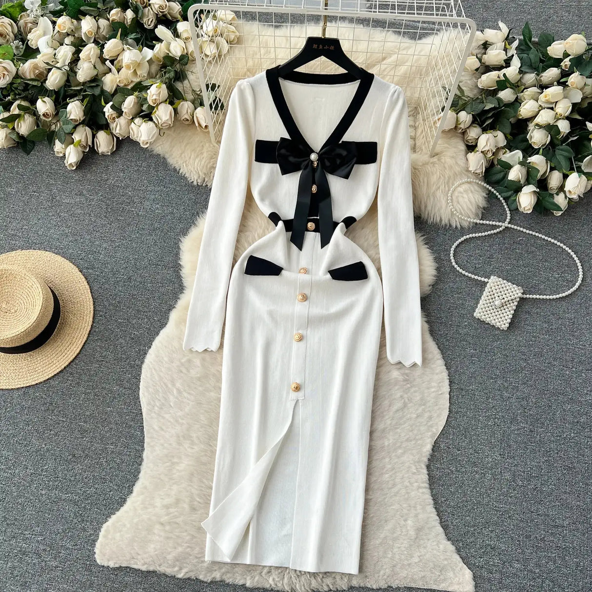SINGREINY Office Lady Sweater Long Dress 2023 Bow Single Breasted Elastic Split Women Autumn Dress Fashion Senior Knitted Dress